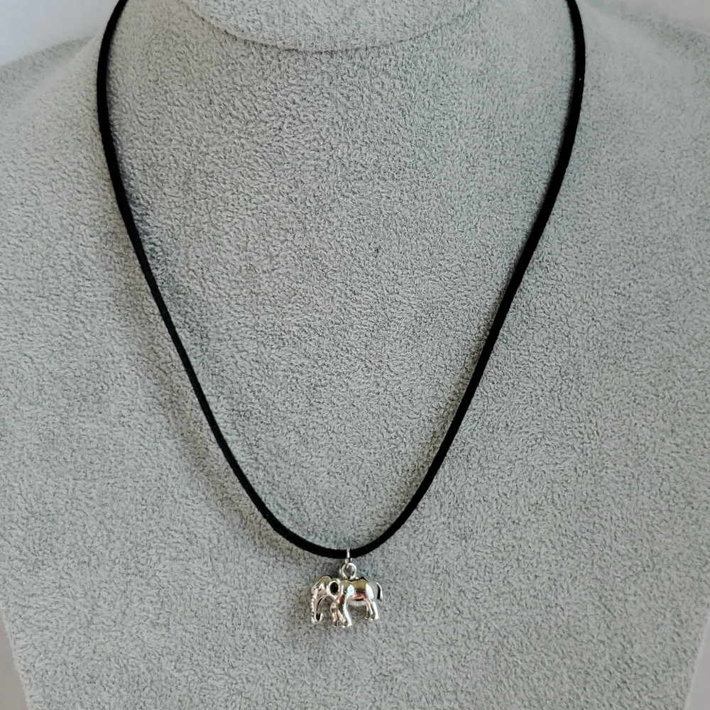 Mens silver elephant charm black suede necklace